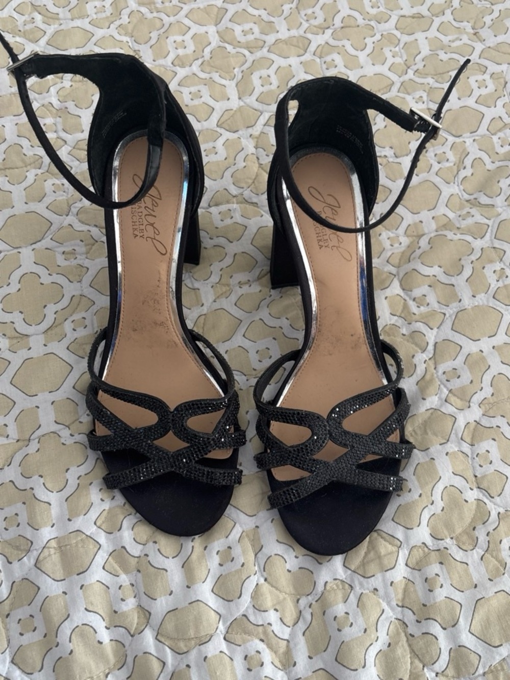 Jewel Badgley Mischka Black Strappy Evening Block Heel Sandals